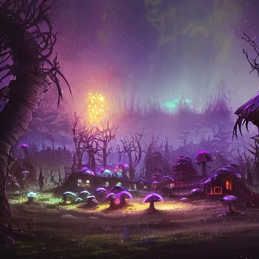 Image similar to concept art painting of a fantasy alien nighttime landscape of houses made of fungus, with glowing blue lights, glowing mushrooms, dark purple sky, realistic, detailed, cel shaded, in the style of makoto shinkai and greg rutkowski and albert bierstadt and james gurney