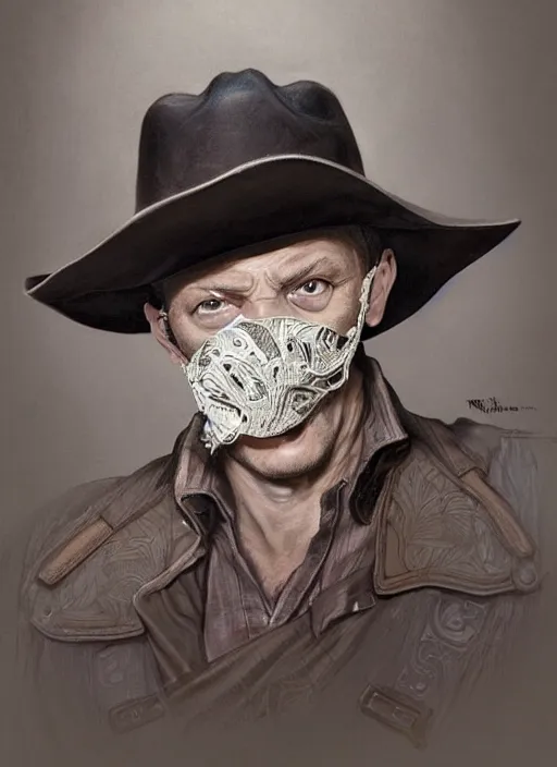 Image similar to Portrait Tim Robinson (from I Think You Should Leave) in a cowboy hat and eye mask disguise, marvel comics, dark, intricate, highly detailed, smooth, artstation, digital illustration by Ruan Jia and Mandy Jurgens and Artgerm and Wayne Barlowe and Greg Rutkowski and Frank Frazetta