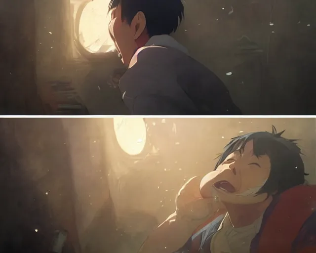 Image similar to a 50 year old brunnete chinese man with puffy cheeks bursting in tears on the floor, close up shot, anime art, Greg Rutkowski, studio ghibli, dramatic lighting