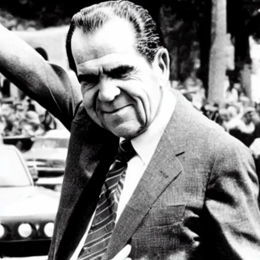 Prompt: Richard Nixon holding aloft a car tire, in the style of William Blake