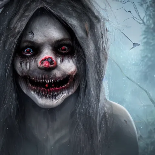 Prompt: A realistic detailed photo of a creepy witch, red eyes, destroyed body, dead skin, dead trees, detailed body, teeth filled with cavities, foggy landscape, creepy, light particles, detailed light, realistic shaders, trending on artisation, detailed textures, detailed, realistic.