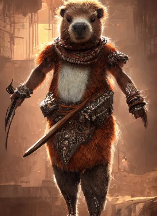 Image similar to detailed full body concept art illustration, oil painting on canvas of an anthropomorphic capybara barbarian in full intricate clothing, biomutant, dystopian, micro detail, octane render, 4K