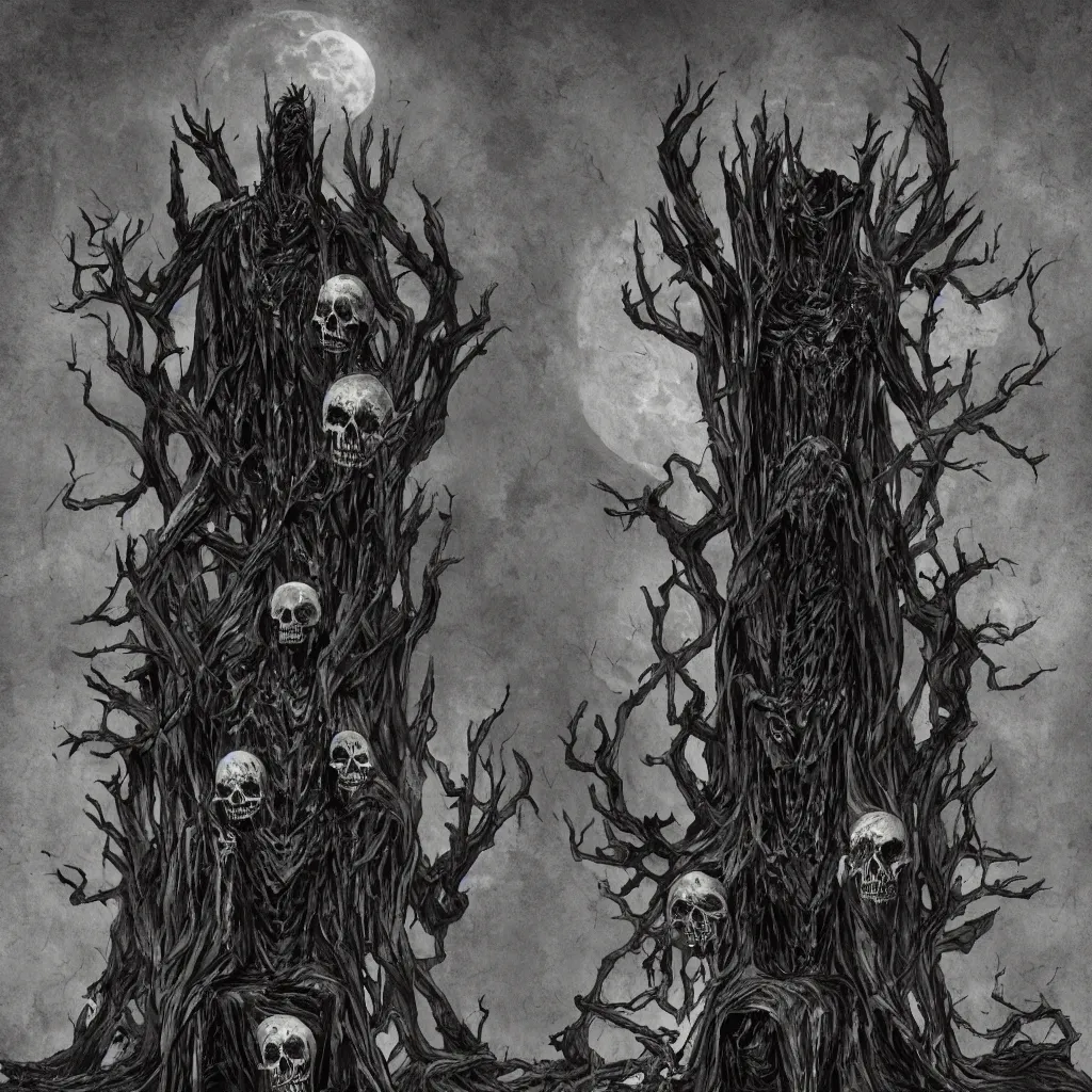 Prompt: creepy dark tall creature sitting on a throne made of skulls, moonlight