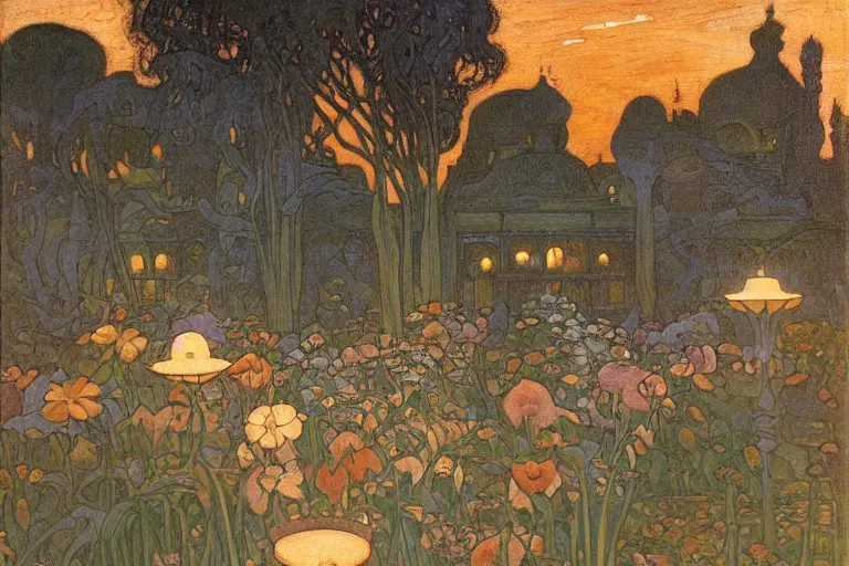 Prompt: beautiful garden at twilight by Annie Swynnerton and Nicholas Roerich and jean delville, glowing paper lanterns, strong dramatic cinematic lighting , ornate tiled architecture, lost civilizations, smooth, sharp focus, extremely detailed