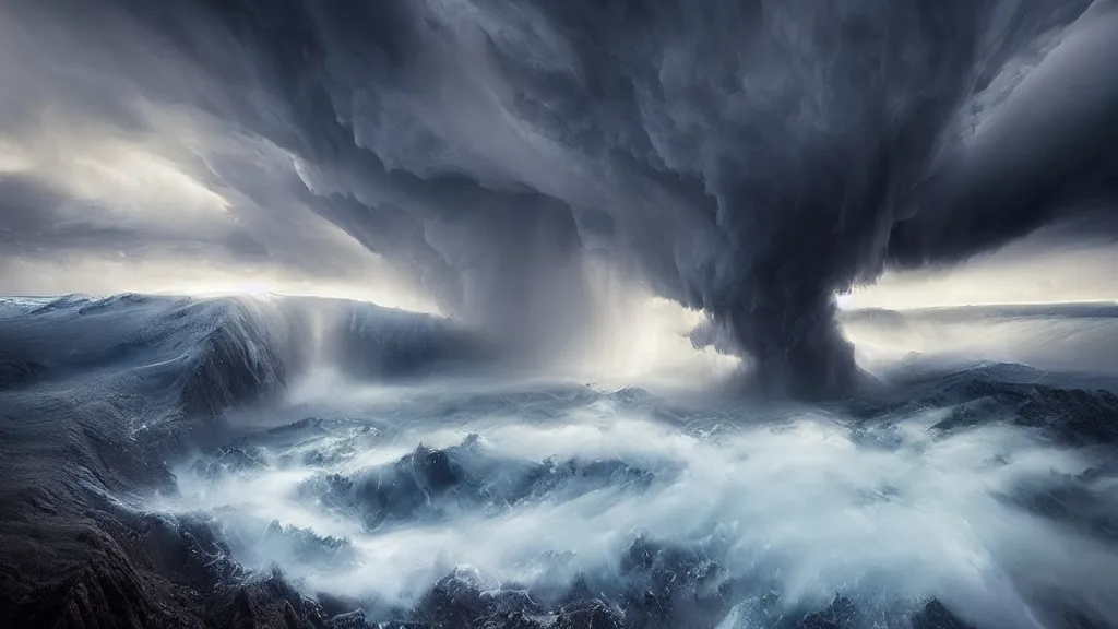 Image similar to amazing landscape photo of a tempest by marc adamus, beautiful dramatic lighting