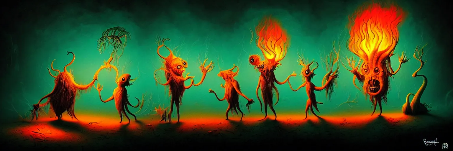 Image similar to whimsical creature freaks from the depths of the imagination, dramatic lighting from fire glow, surreal dark uncanny painting by ronny khalil