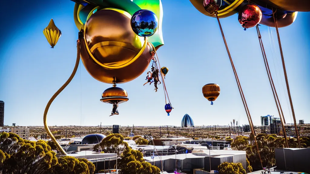 Image similar to large colorful futuristic space age metallic steampunk balloons with pipework and electrical wiring around the outside, and people on rope swings underneath, flying high over the beautiful adelaide city landscape, professional photography, 8 0 mm telephoto lens, realistic, detailed, photorealistic, photojournalism