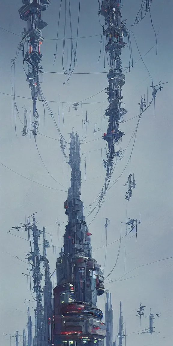 Prompt: tall space elevator with long tendrils, lots of hanging cables and antennas, sci - fi concept art, by john harris, by simon stalenhag, stunning, award winning