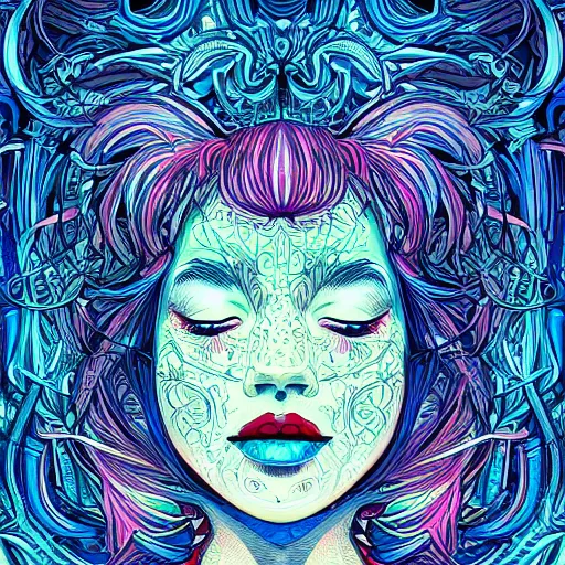 Image similar to the face of a ridiculously beautiful and pretty woman partially made of onion rings of all colors looking up, an ultrafine detailed illustration by james jean, final fantasy, intricate linework, bright colors, behance contest winner, vanitas, angular, altermodern, unreal engine 5 highly rendered, global illumination, radiant light, detailed and intricate environment