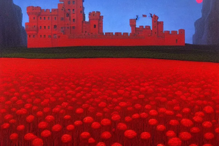 Image similar to only with red, red flowers of different types, a castle in the background, red giants rest over the flowers, in the style of beksinski, part by hopper, part by rodcenko, part by hofbauer, intricate composition, red by caravaggio, insanely quality, highly detailed, masterpiece, red light, artstation, 8 k