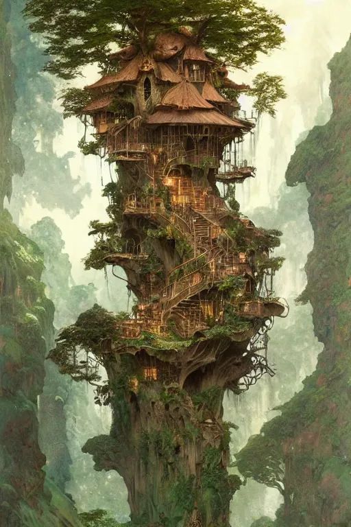 Prompt: a beautiful digital painting of an enormous fairy treehouse built on a waterfall by greg rutkowski, gerald brom, marc simonetti, jean - baptiste monge, maxfield parrish, and alphonse mucha, symmetry, complementary colors, ink illustration, trending on artstation, 8 k