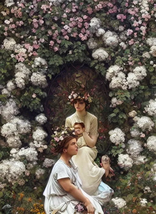 Prompt: a huge outdoor wall mural taking up the entire side of a building. it shows a mother sitting in a field of white flowers cradling her baby. they are both wearing flower crowns. stunning wall mural painting by by artgerm and greg rutkowski and alphonse mucha