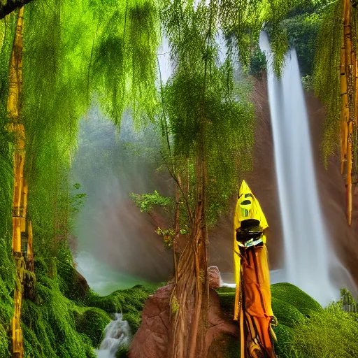 Image similar to sacred chiniese monastry in an pink and yellow bamboo forrest underneath a epic waterfall of light, high definition, detailed, fotorelastic,Zhang Jianbang, trending on artstation,