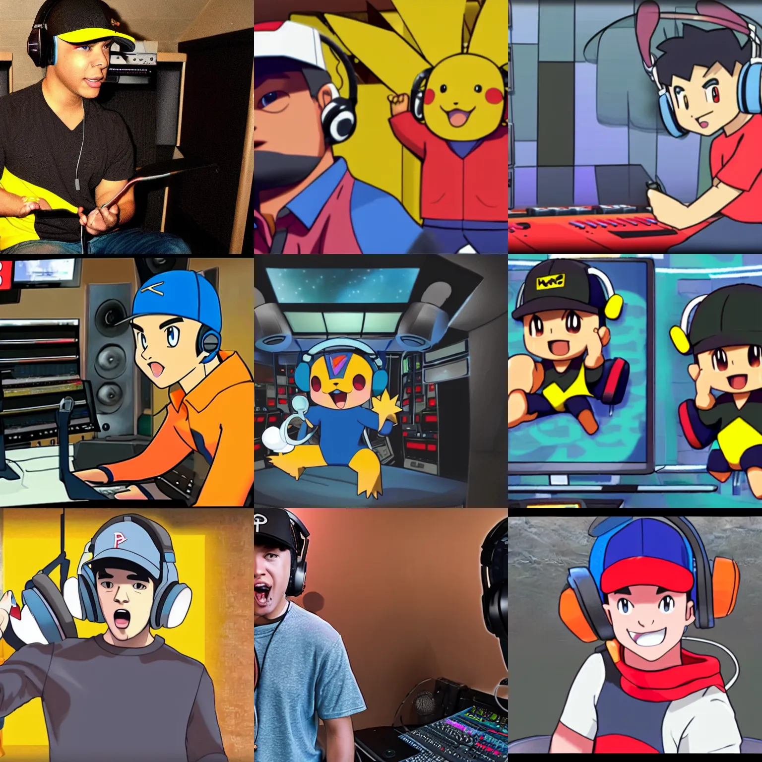 Prompt: A screenshot of Brock from Pokémon wearing headphones and rapping in a studio booth