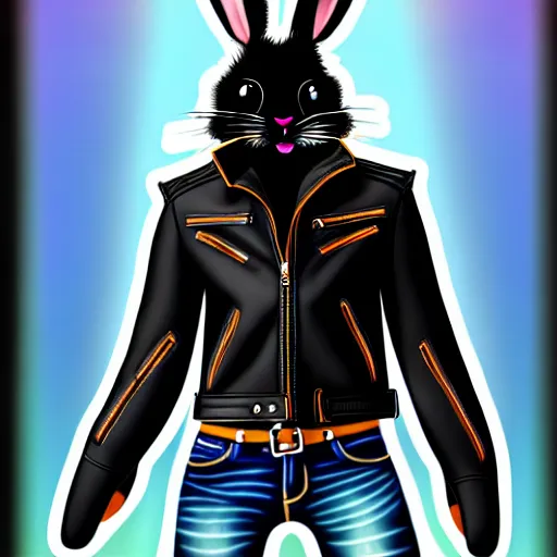 Image similar to A bunny with a small head wearing a fine intricate leather jacket and leather jeans and leather gloves, trending on FurAffinity, energetic, dynamic, digital art, highly detailed, FurAffinity, high quality, digital fantasy art, FurAffinity, favorite, character art