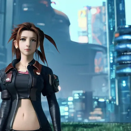 Image similar to Aerith from Final Fantasy wearing cyberpunk plugsuit