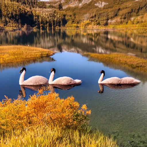 Image similar to photo of two black swans touching heads in a beautiful reflective mountain lake, a colorful hot air balloon is flying above the swans, hot air balloon, intricate, 8k highly professionally detailed, HDR, CGsociety