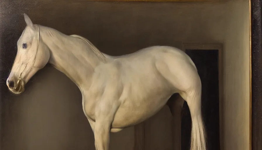 Image similar to painting by borremans, horse in front of the mirror, detailed, stunning