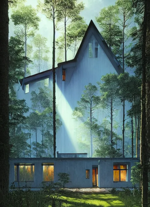 Image similar to hyper realistic witchy modern house with mood lighting and tech in the woods gorgeous lighting, sunbeams blue sky, highly detailed, lush forest foliage painting by zdzisław beksinski and norman rockwell and greg rutkowski weta studio, and lucasfilm