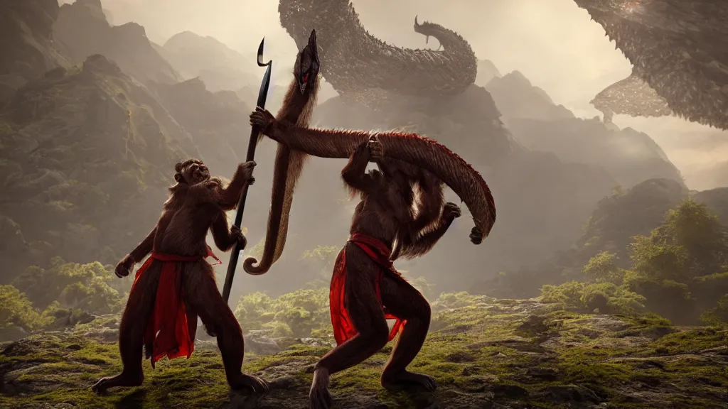 Prompt: a photo of a monkey carrying a large dragonslayer greatsword, 4 k, realistic, boss, fantasy, unreal engine, creature, wearing japanese robes, menacing, natural lighting