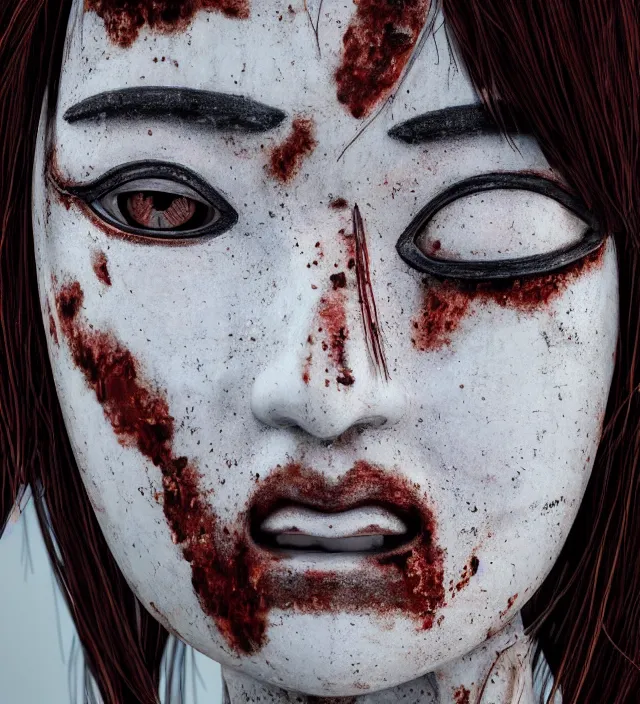 Prompt: portrait of a slightly rusty, beaten - up japanese robotic geisha with wires and actuators, porcelain white face, dramatic lighting, hyper - realistic, ultra - realistic, intricate details, 8 k ultra high definition, digital art