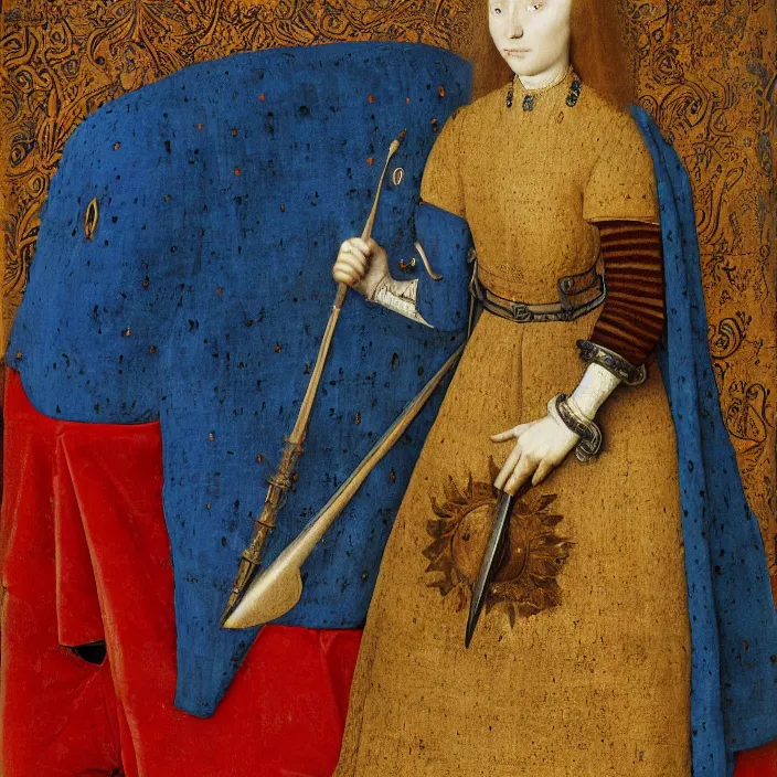 Prompt: woman in medieval armor with the pillow blue monster. jan van eyck