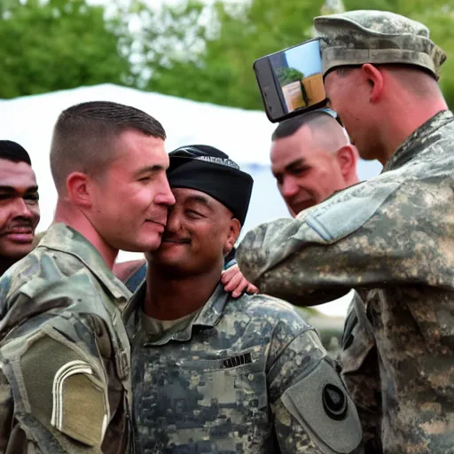 Image similar to a soldier takes a selfie with tribesmen.