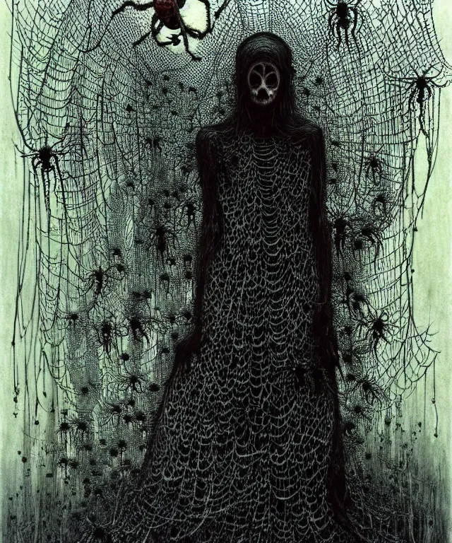 Image similar to a woman standing all covered in spiders. illustration of arachnophobia, fear of spiders, incredible amount of spiders and bugs. extremely high details, realistic, horror, creepy, web, masterpiece, art by zdzislaw beksinski, arthur rackham, dariusz zawadzki