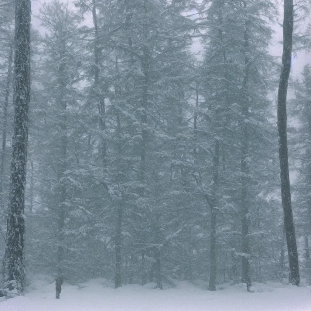 Image similar to photo, bigfoot is hiding in the background. cold color temperature, snow storm. hazy atmosphere. humidity haze. kodak ektachrome, greenish expired film, award winning, low contrast