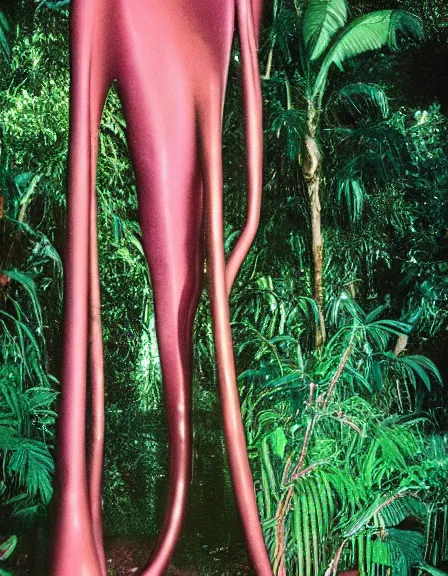 Image similar to vintage color photo of a giant 1 1 0 million years old abstract sculpture made of liquid pink gold covered by the jungle vines