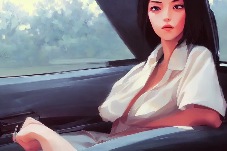 Image similar to A ultradetailed beautiful portrait panting of a stylish woman sitting in the backseat of a car, Oil painting, by Ilya Kuvshinov, Greg Rutkowski and Makoto Shinkai