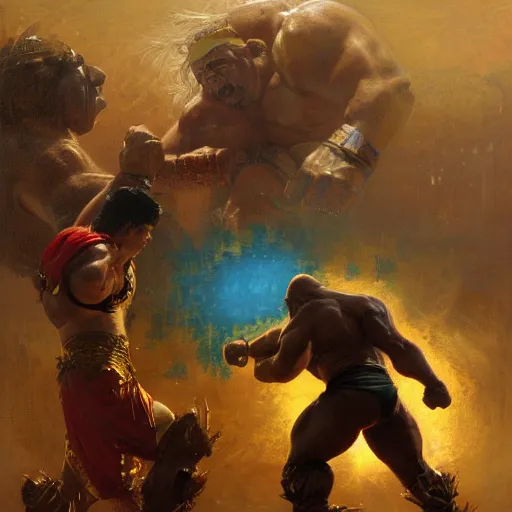 Image similar to the iron sheik breaking hulk hogan's back, radiant light, caustics, heroic, bright iridescent light, by gaston bussiere, bayard wu, greg rutkowski, maxim verehin, epic wrestling combat, legendary