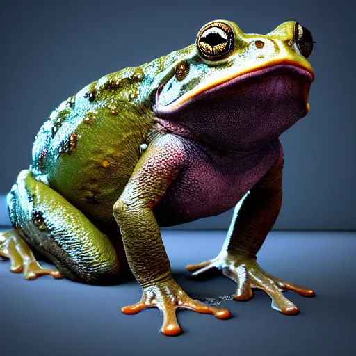 Image similar to photograph of wonderful batman cane toad with smooth froggy batsuit, alluring hero pose, its just a frog wearing a costume, painterly, breathtaking stande, triumphant, ornate, intricate, hyper detailed, accent lighting, dramatic light, 4 k octane render
