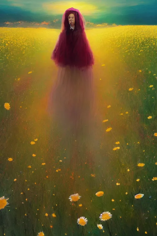 Image similar to giant daisy flower head, girl with veil walking in a flower field, surreal photography, sunrise, dramatic light, impressionist painting, colorful clouds, digital painting, artstation, simon stalenhag