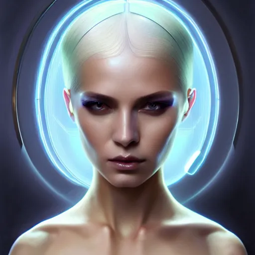 Prompt: futuristic woman android portrait, sci-fi female, striking azure eyes, face, short platinum hair tomboy, cyberpunk femme fatale, intricate, elegant alabaster skin, highly detailed gold filigree, digital painting, artstation, concept art, smooth, sharp focus, illustration, art by artgerm and greg rutkowski and alphonse mucha