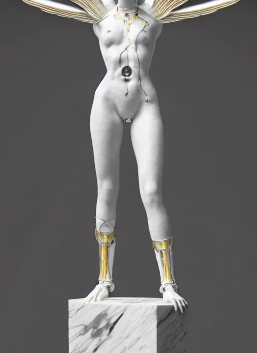 Image similar to a statue made of white marble with gold veins, of an tempting gorgeous futuristic cybernetic angel girl, prostheses, transhumanism, full body shot, perfect symmetrical body, perfect symmetrical face, hyper realistic, hyper detailed, by johannen voss, by peter kemp, by monia merlo, by michelangelo, octane render, blender, 8 k