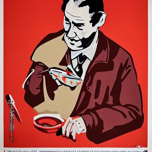 Prompt: het! soviet man refusing to eat tuna sashimi, soviet propaganda, poster, by viktor govorkov, iconic, nyet!