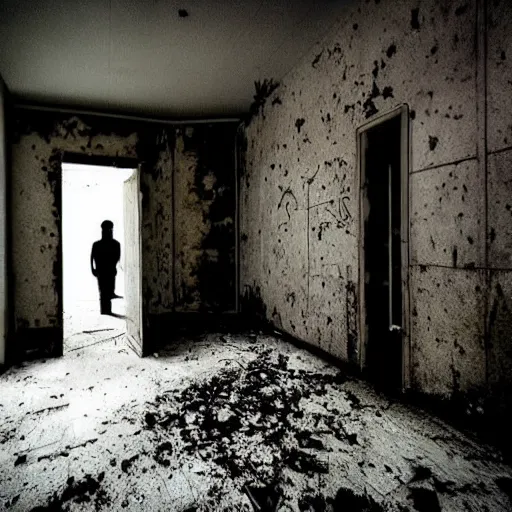 Prompt: eerie dark figure hidden in plain sight, abandoned hospital, creepy, scary