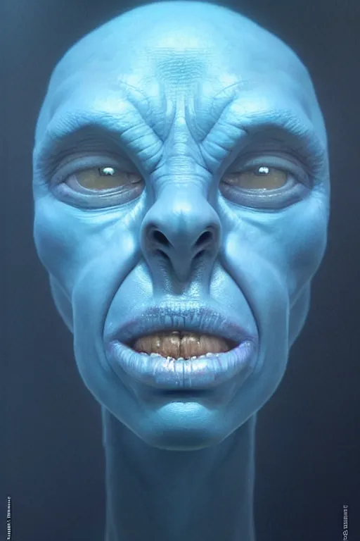 Prompt: hyperrealistic close-up alien! highly detailed concept art eric zener elson peter cinematic hard blue lighting high angle hd 8k sharp shallow depth of field, inspired by Zdzisław Beksiński