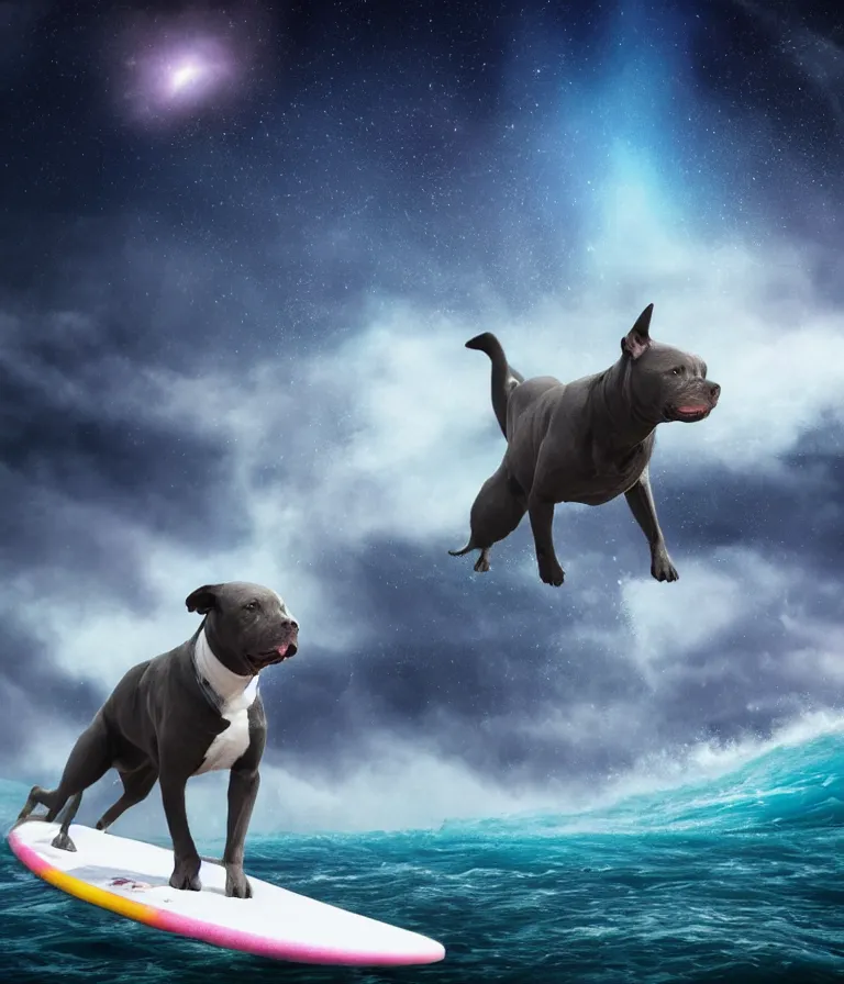 Prompt: photo of a dark gray coat pit bull with a white paws and a white nose!, surfing on a surfboard in a crashing wave of alien ocean in space, background is an alien galaxy, aliens in the background, alien colors, octane render, unreal engine, wide view, 8 k, highly detailed