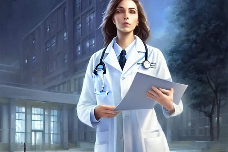 Image similar to an elegant and beautiful female doctor in a white coat in front of a hospital building, cinematic, highly detailed, digital painting, artstation, concept art, matte, sharp focus, illustration, art by artgerm and greg rutkowski