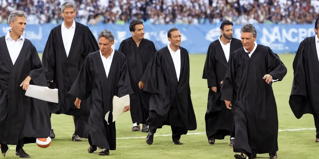 Prompt: Mauricio Macri and judges in black robes playing football