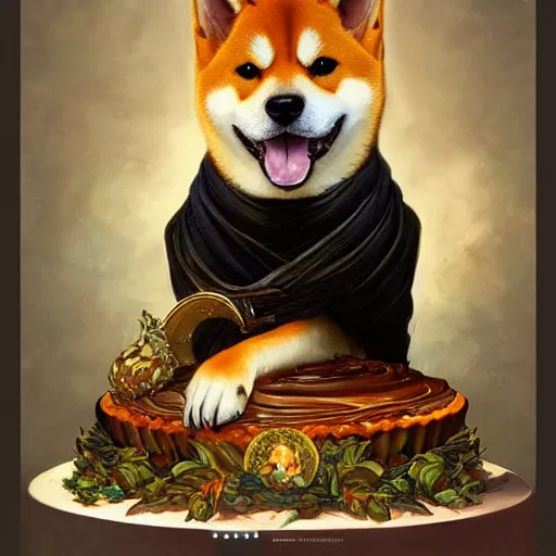 Image similar to portrait of a shiba inu as a birthday cake, fantasy, intricate, elegant, highly detailed, digital painting, artstation, concept art, smooth, sharp focus, illustration, art by artgerm and greg rutkowski and alphonse mucha