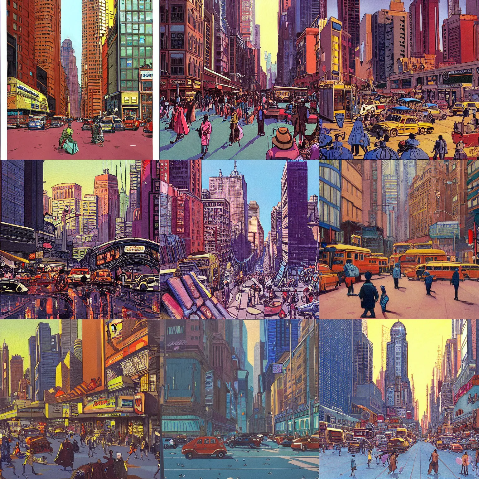 Image similar to a painting of a chaotic morning in the bustling city, in the iconic style of moebius
