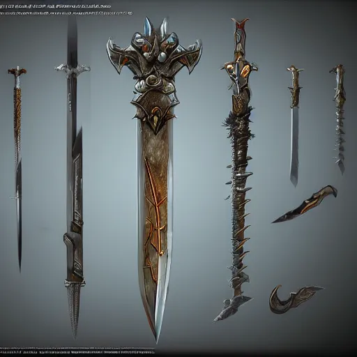 Prompt: concept art of rare legendary sword weapon, rpg, weapon, detailed, digital art, d & d, incredible, digital painting, no noise, global illumination, warm lighting, volumetric, vivid, intricate details, ultra realistic, volumetric lighting, warm colors advance, cell shading, hyper realism, matte painting, realistic octane render, highly detailed