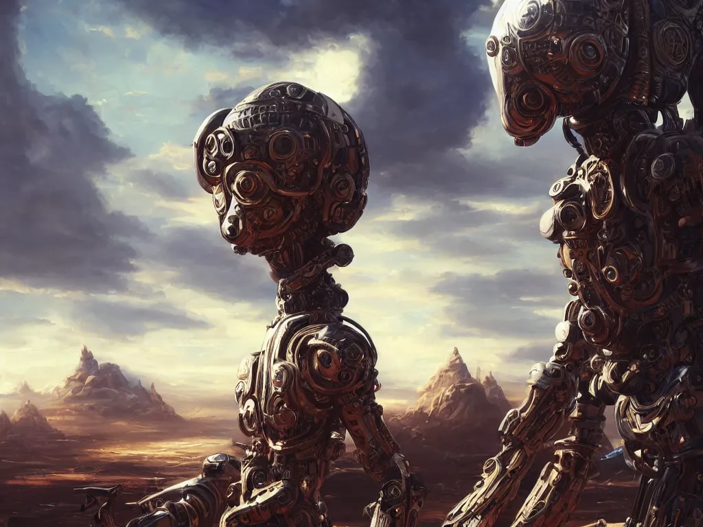 Prompt: a beautiful oil on canvas of a futuristic afrofuturistic robot soldier, ornate, detailed, intricate, beautiful, stunning, post - apocalyptic landscape in the background, epic sky, vray render, artstation, deviantart, pinterest, sci - fi, afrofuturism, 5 0 0 px models