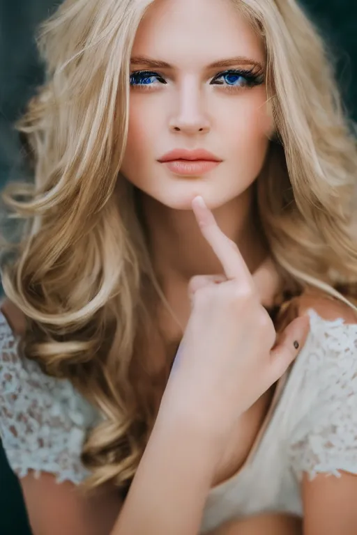 Prompt: a portrait of a sexy blonde young woman, blue eyes, highly detailed, glamour, fashion, intimate, fujifilm 5 6 mm f 1. 2