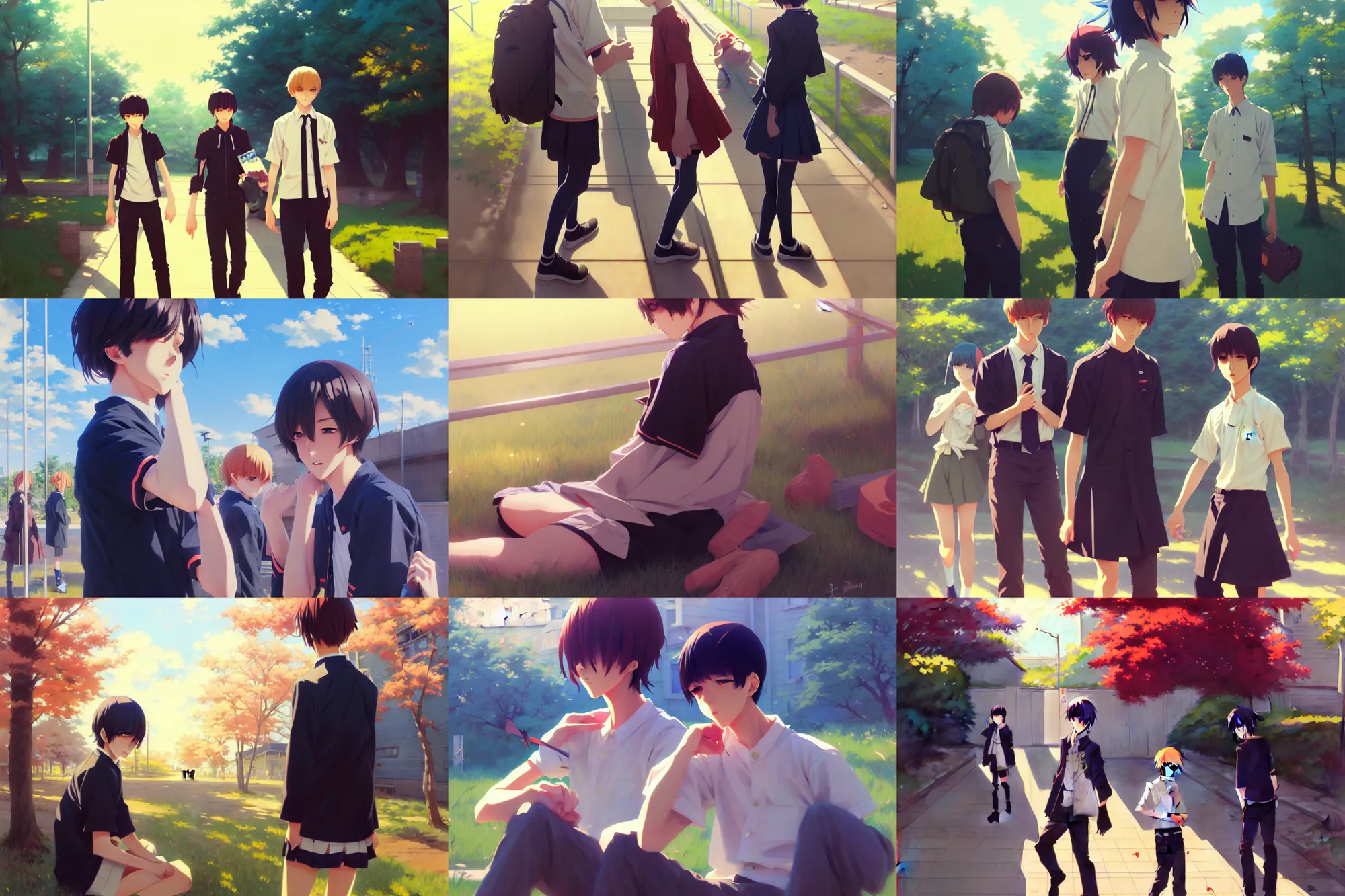 Prompt: boy's love anime high school scene spring noon setting, expert high detail concept art, perfect proportions fine face, realistic shaded lighting poster ilya kuvshinov, katsuhiro, jeremy lipkin and michael germash, makoto shinkai, loish and clamp style, trending on art station, best selling artist