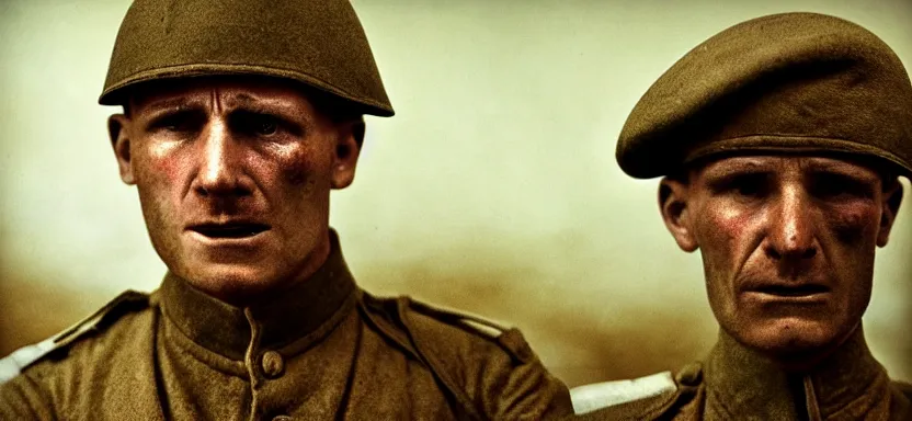 Image similar to horrified World War 1 soldier close-up, high contrast lighting, IMAX cinematic film still