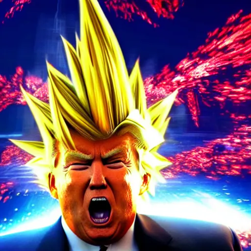 Prompt: ultra - realistic, 3 d render of donald trump going super - saiyan with manga energy explosion in the background, octane render